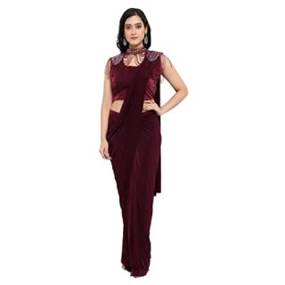 Wine saree with Cape style Necklace at Rs.2149